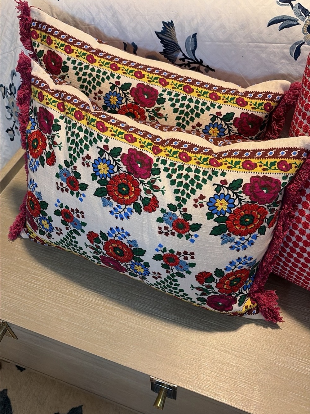 2Anthropologie New Floral Embroidered Toss Pillow Pair with Tassels - Cream Base